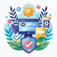 Secured online data protection with a shield, computer, leaves, and gears. vector