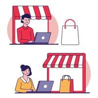 two illustrations of people working on laptops ON A WHITE BACKGROUND vector