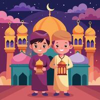 Two boys holding Ramadan lanterns and standing in front of a mosque at night. vector