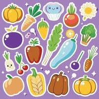 a collection of vegetables and fruits on a purple background vector