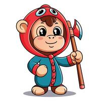 Cute monkey character in a red and blue costume, holding an axe vector