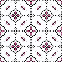 Elegant repeating pattern of stylized floral motifs in black and pink, dotted accents on a white background vector