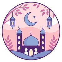 Mosque silhouette with crescent moon, stars, and lanterns in a circular frame. vector