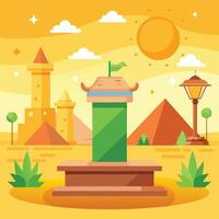 Green billboard in a desert-like setting with pyramids, castles, lamppost and plants. vector