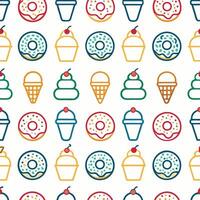 Seamless pattern of colorful donuts, cupcakes, and ice cream cones. vector