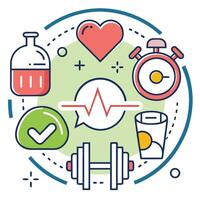 Healthy lifestyle concept with heart, dumbbell, timer, heartbeat, and check mark icons. vector