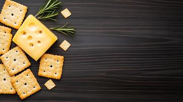 Delicious cheese cubes and crackers arranged with fresh herbs on a wooden surface. photo