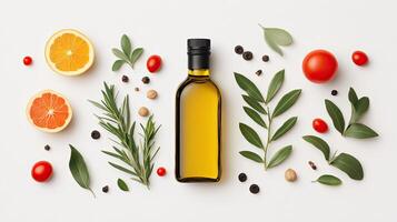 A vibrant arrangement of olive oil, fresh herbs, and colorful fruits on a light background. photo
