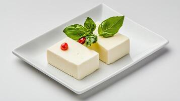 Delicious tofu with fresh basil and red chili on a white plate. photo