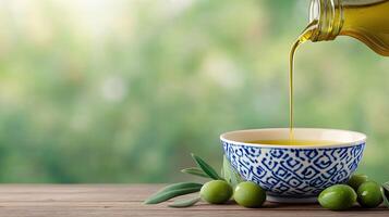 Fresh olive oil pouring into a decorative bowl with olives beside it against a blurred background. photo