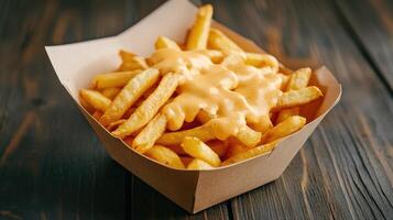 Delicious cheese-covered fries served in a rustic container on a wooden table. photo