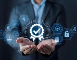 Quality assurance checkmark on a digital screen, ensuring compliance and reliability in business photo