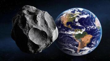 A massive asteroid is seen in close proximity to Earth, highlighting the planet's vibrant blue colors and dynamic cloud formations photo
