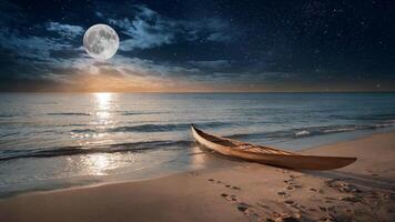 A tranquil beach scene is illuminated by a large, glowing moon reflecting on the calm ocean waters photo