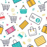 shopping seamless pattern with shopping cart and gift items vector