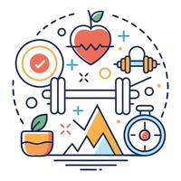 Healthy lifestyle concept with barbell, apple, timer, and progress chart. vector