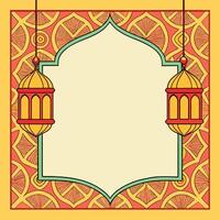 Ornate frame with hanging lanterns and geometric pattern background. vector