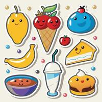 a set of stickers with various foods and drinks vector