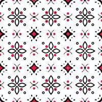 Intricate repeating pattern of stylized floral motifs in red and black on a white background vector