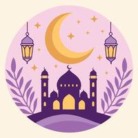 Mosque silhouette under crescent moon and stars with hanging lanterns and leaves. vector
