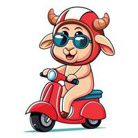 Cute sheep character riding a red scooter with a helmet and sunglasses vector