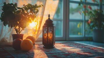 Ramadan Lantern, beautiful ramadan background, with warm sunshine, waiting for iftar photo