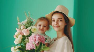 A Mother and Child Share a Warm Embrace on Mother's Day. The scene is set against a lush green background photo