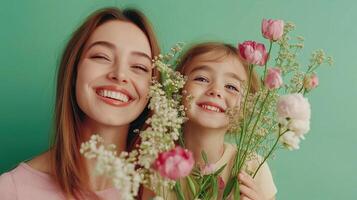 A Mother and Child Celebrate with Flowers. Mother's Day Joy photo