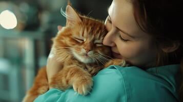 A veterinarian hugs a cat in the clinic photo