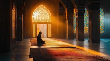 Timeless Mosque Silhouette with a Solemn Figure Against the Horizon photo