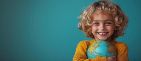 Smiling Boy Hugging a Globe. A Vision of Global Unity on a Blue Background photo