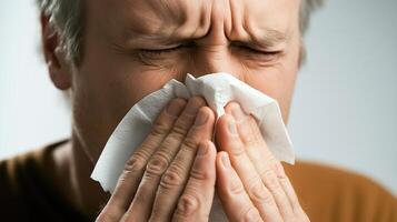 Man suffering from Flu , Sneezing and wiping his nose with tissue photo