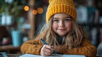 Happy Student Writing in Notebook at Home Desk - Learning for School photo