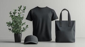 Minimalist Black Fashion Set For Branding Identity , T-Shirt, Cap, and Tote Bag for Custom Branding photo