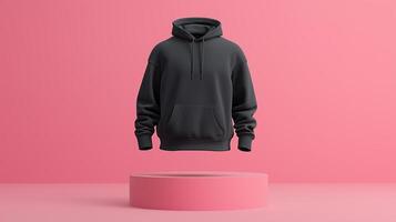 3D mockup of a black hoodie on a mannequin, displayed on a podium isolated on pink background. photo