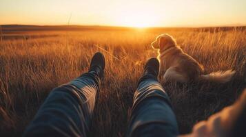 Traveler and Dog Relaxing in Grass at Sunset , Warm, Minimalist Portrait photo