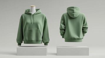 mockup 3d Green female hoodie with mannequin placed on podium , Front and back, isolated Grey background photo