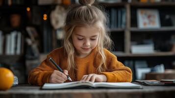 Happy Student Writing in Notebook at Home Desk photo