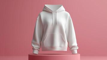 mockup 3d white female hoodie with mannequin placed on podium, isolated pink background photo