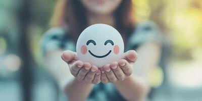 Woman Holding a Happy Smile Sphere photo