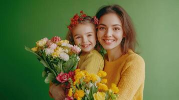 A Mother and Child Share a Warm Embrace on Mother's Day. Against a Lush Green Background photo