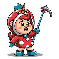 Cute character in a red mushroom costume holding a colorful scythe vector