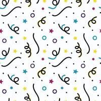 Seamless pattern with colorful confetti, stars, and circles on white background. vector