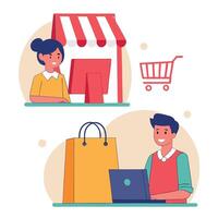 Online shopping experience with a store and customer vector