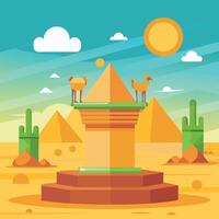 Flat design illustration of a stylized Egyptian monument with camels on top, pyramids in the background, and cacti in the foreground, set against a desert landscape under a bright sun. vector
