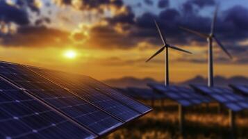 Wind Turbines Behind Solar Panels During Sunset in Scenic Landscape photo