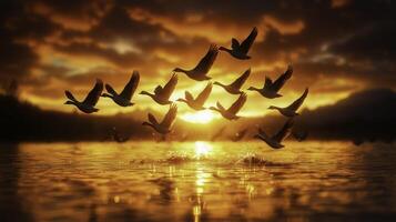 Silhouette of Geese Flying Across Lake During Stunning Sunset photo