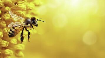 Macro Shot of Honeybee Collecting Nectar from Vibrant Yellow Flowers photo