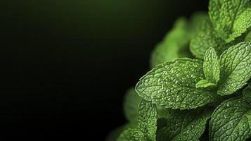 Detailed Close-Up of Fresh Mint Leaves with Fine Hairs and Dew Drops photo