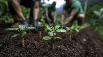 Eco Volunteers Planting Saplings in Lush Forest for Environmental Restoration photo